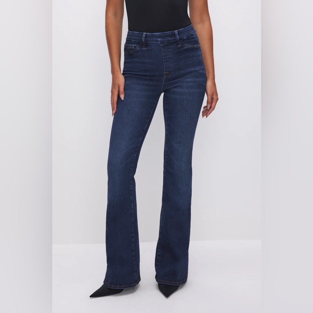 Good American Dark Wash Pull-On Flare Jeans